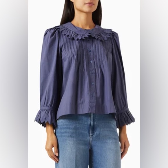 Doen Tops - Doen Hickory Ruffled Embroidered Organic Cotton-Poplin Blouse